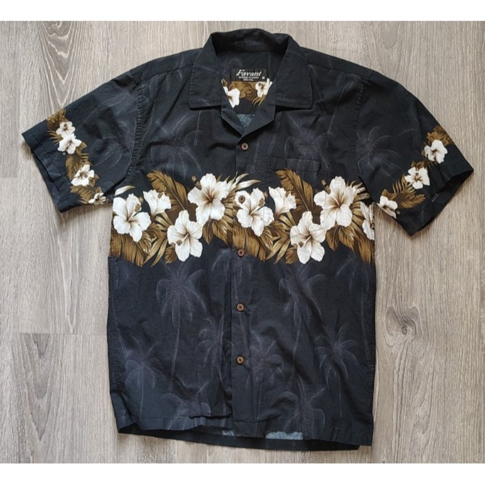 Favant Men's Medium Aloha Shirt‎ Hawaiian Print 100% Cotton Black White